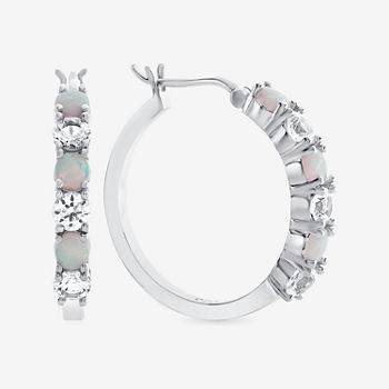 Lab-Created Opal & White Sapphire Sterling Silver Hoop Earrings