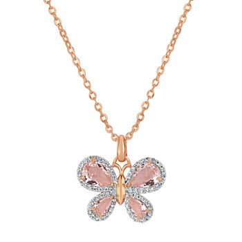 Womens Simulated Pink Morganite 18K Rose Gold Over Silver Butterfly Pendant Necklace