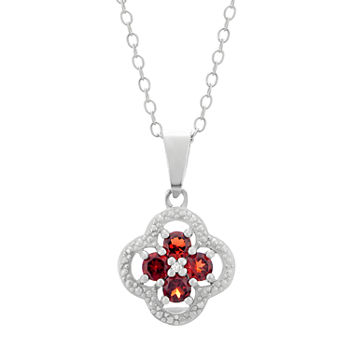 Womens Diamond Accent Genuine Red Garnet Sterling Silver Flower Pendant Necklace