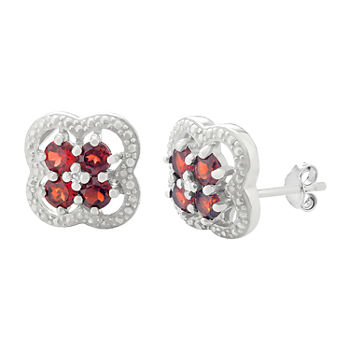 Diamond Accent Genuine Red Garnet Sterling Silver 13mm Flower Stud Earrings