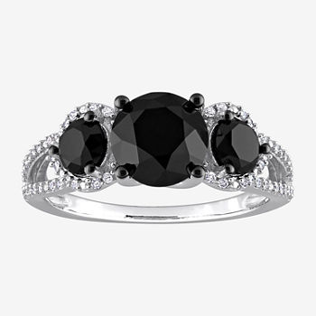 Midnight Black Womens 3 CT. T.W. Genuine Black Diamond 10K White Gold Round Side Stone 3-Stone Engagement Ring