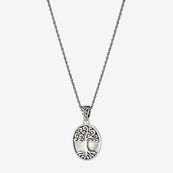 Tree_Of_Life Womens White Mother Of Pearl Sterling Silver Pendant Necklace