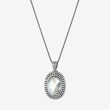 Womens White Mother Of Pearl Sterling Silver Oval Pendant Necklace