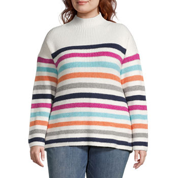 St. John's Bay Plus Womens Cowl Neck Long Sleeve Striped Pullover Sweater