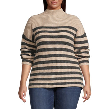 St. John's Bay Plus Womens Cowl Neck Long Sleeve Striped Pullover Sweater