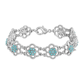 1928 Silver Tone Crystal Flower Link Bracelet