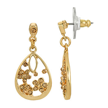 1928 Gold Tone Crystal Flower Drop Earrings