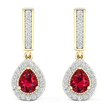 Genuine Red Ruby 10K Gold Drop Earrings