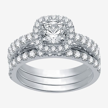 Ever Star Womens 2 CT. T.W. Lab Grown White Diamond 10K White Gold Cushion Side Stone Halo Bridal Set