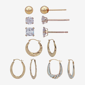 Women's Cubic Zirconia 14K Gold 6 Pair Earring Set
