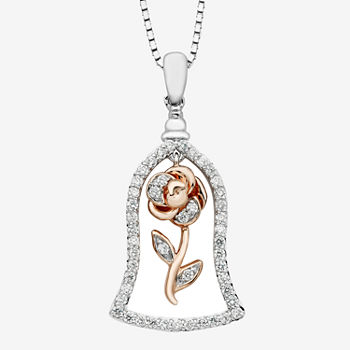 Enchanted Disney Fine Jewelry Womens 1/4 CT. T.W. Genuine White Diamond Sterling Silver Flower Beauty and the Beast Belle Princess Pendant Necklace