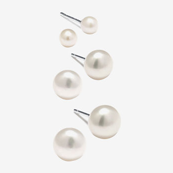 Silver Treasures 3 Pair Cultured Freshwater Pearl Ball Earring Set