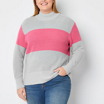 St. John's Bay Plus Womens Mock Neck Long Sleeve Striped Pullover Sweater