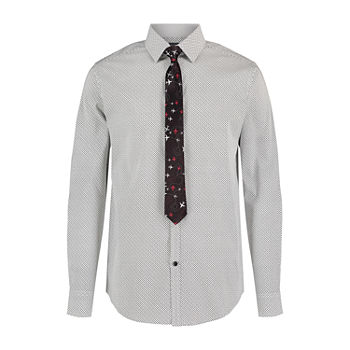 Van Heusen Big Boys Point Collar Long Sleeve Stretch Shirt + Tie Set