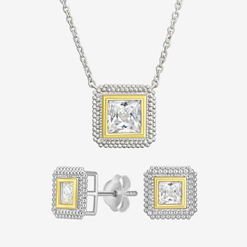 White Cubic Zirconia 10K Gold Sterling Silver Square 2-pc. Jewelry Set