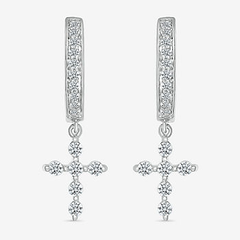 1/3 CT. T.W. Genuine White Diamond Sterling Silver Cross Drop Earrings