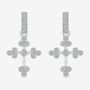 1/5 CT. T.W. Genuine White Diamond Sterling Silver Cross Drop Earrings