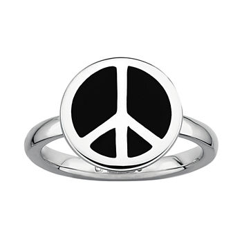 Personally Stackable Sterling Silver Black Enamel Peace Sign Ring