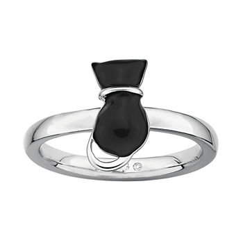 Personally Stackable Sterling Silver Black Enamel Cat Ring