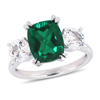 Womens Lab Created Green Emerald 10K White Gold Cocktail Ring
