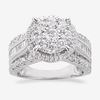 Womens 2 CT. T.W. Genuine White Diamond 10K White Gold Round Side Stone Halo Engagement Ring