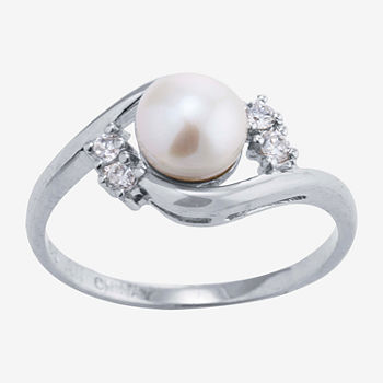 Silver Treasures Cultured Freshwater Pearl Cubic Zirconia Sterling Silver Bypass  Cocktail Ring