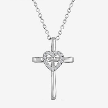 "Faith" Womens Accent Genuine White Diamond Sterling Silver Cross Pendant Necklace