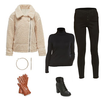 Moto Chic: a.n.a Sherpa Moto Jacket, a.n.a High-Rise Jeggings & Worthington Classic Leather Gloves