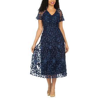 Giovanna Signature Short Sleeve Embroidered Floral Midi A-Line Dress
