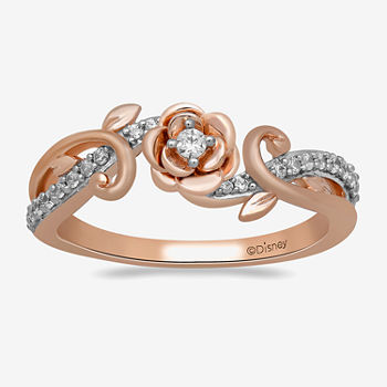 Enchanted Disney Fine Jewelry Womens 1/5 CT. T.W. Genuine White Diamond 10K Rose Gold Flower Beauty and the Beast Belle Princess Side Stone Cocktail Ring