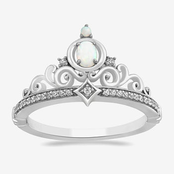 Enchanted Disney Fine Jewelry Womens 1/10 CT. T.W. Lab Created White Opal Sterling Silver Crown Cinderella Princess Side Stone Cocktail Ring