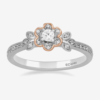 Enchanted Disney Fine Jewelry Womens 1/4 CT. T.W. Genuine White Diamond 14K Rose Gold Over Silver Sterling Silver Flower Beauty and the Beast Belle Princess Side Stone Cocktail Ring