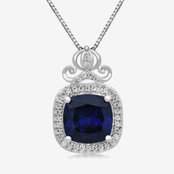 Enchanted Disney Fine Jewelry Womens 1/10 CT. T.W. Lab Created Blue Sapphire Sterling Silver Cushion Cinderella Princess Pendant Necklace