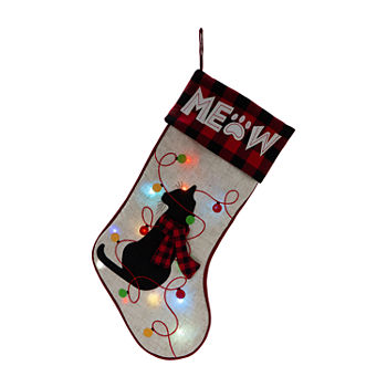 Glitzhome Led Embroidered Linen Cat Christmas Stocking