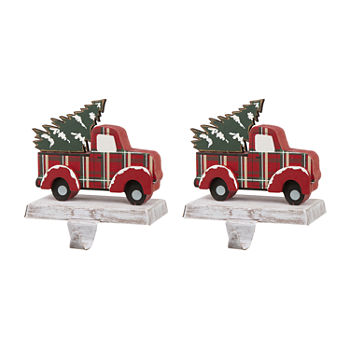 Glitzhome 6" Red Truck Christmas Stocking Holder - Set of 2