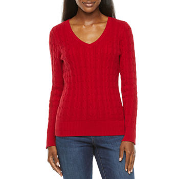 St. John's Bay Tall Cable V-Neck Womens V Neck Long Sleeve Pullover Sweater