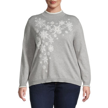 Alfred Dunner Plus Alpine Lodge Womens Mock Neck Embellished Long Sleeve Pullover Sweater