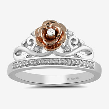 Enchanted Disney Fine Jewelry Womens 1/10 CT. T.W. Lab Created White Diamond 14K Rose Gold Over Silver Sterling Silver Flower Beauty and the Beast Belle Princess Side Stone Cocktail Ring