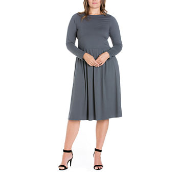 24/7 Comfort Apparel Plus Long Sleeve Midi Fit + Flare Dress
