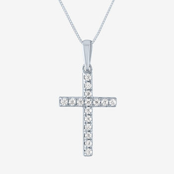 Womens 1/6 CT. T.W. Lab Grown White Diamond 10K White Gold Cross Pendant Necklace