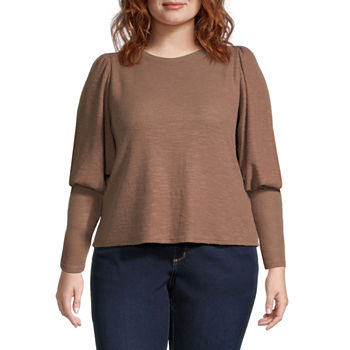 a.n.a Plus Womens Crew Neck Long Sleeve Peasant Top