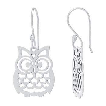 Silver Treasures Owl Sterling Silver Drop Earrings