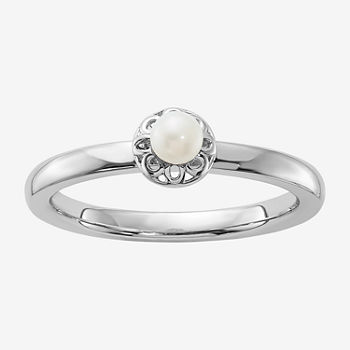 Womens 2.5MM White Cultured Freshwater Pearl Sterling Silver Round Stackable Ring