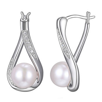 Diamond Accent Genuine White Cultured Freshwater Pearl Sterling Silver Drop Earrings