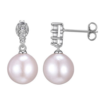 Diamond Accent Genuine Pink Cultured Freshwater Pearl Sterling Silver Ball Drop Earrings