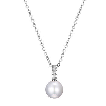 Womens Diamond Accent Genuine White Cultured Freshwater Pearl Sterling Silver Pendant Necklace