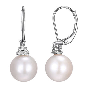 Diamond Accent Genuine White Cultured Freshwater Pearl Sterling Silver Ball Drop Earrings