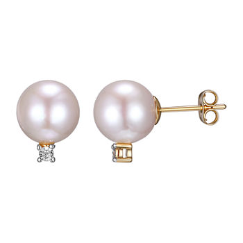 Diamond Accent Genuine White Cultured Freshwater Pearl 18K Gold Over Silver 12.7mm Ball Stud Earrings