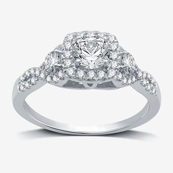 Signature By Modern Bride Womens 1 CT. T.W. Lab Grown White Diamond 10K White Gold Cushion Side Stone Halo Engagement Ring