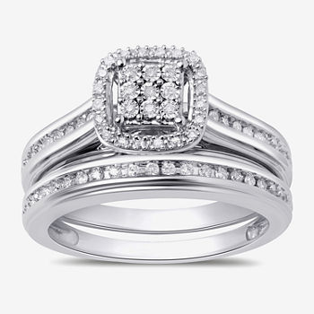 Surrounded by Love Womens 1/5 CT. T.W. Genuine White Diamond Sterling Silver Cushion Side Stone Halo Bridal Set